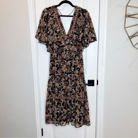 Zara Floral Print Midi Dress with deep V back black Size S - Picture 5 of 13
